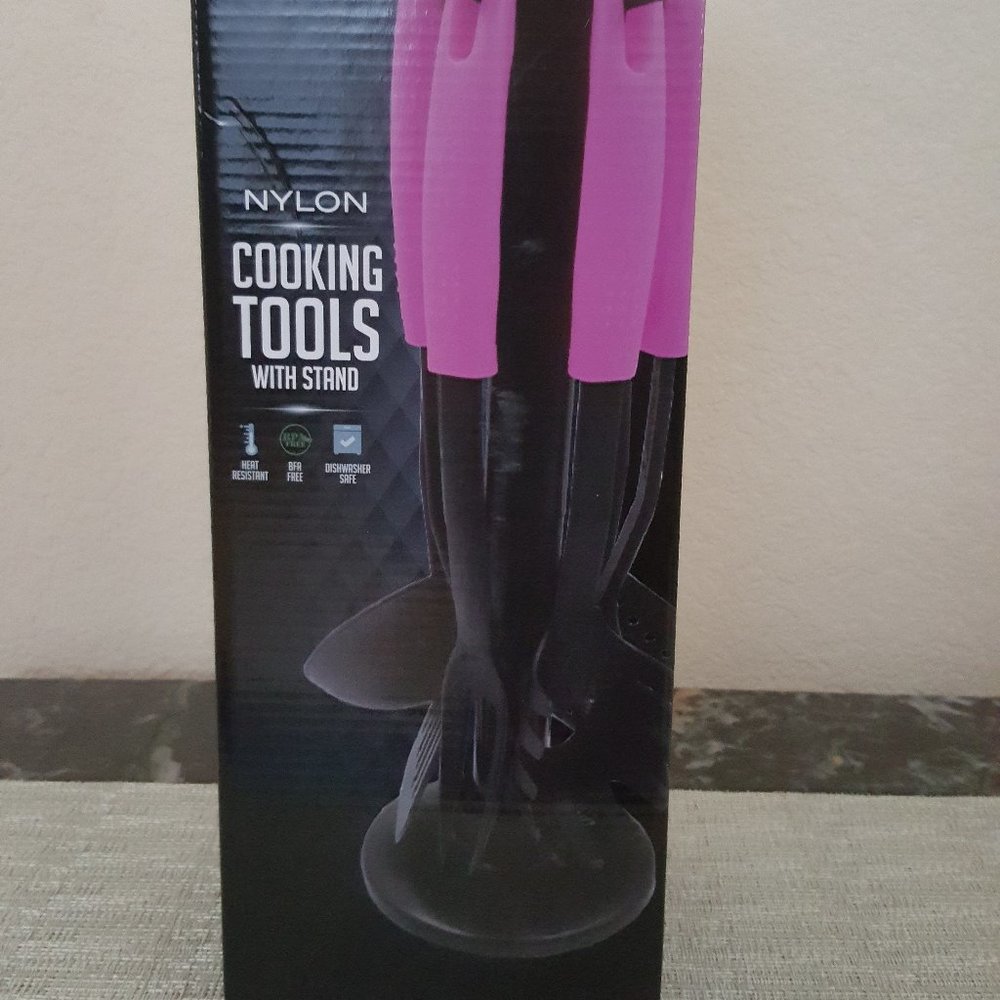 Ovente Cooking Tools 2 in 1 Kitchen Utensil Set with Stand Holder Black and Pink